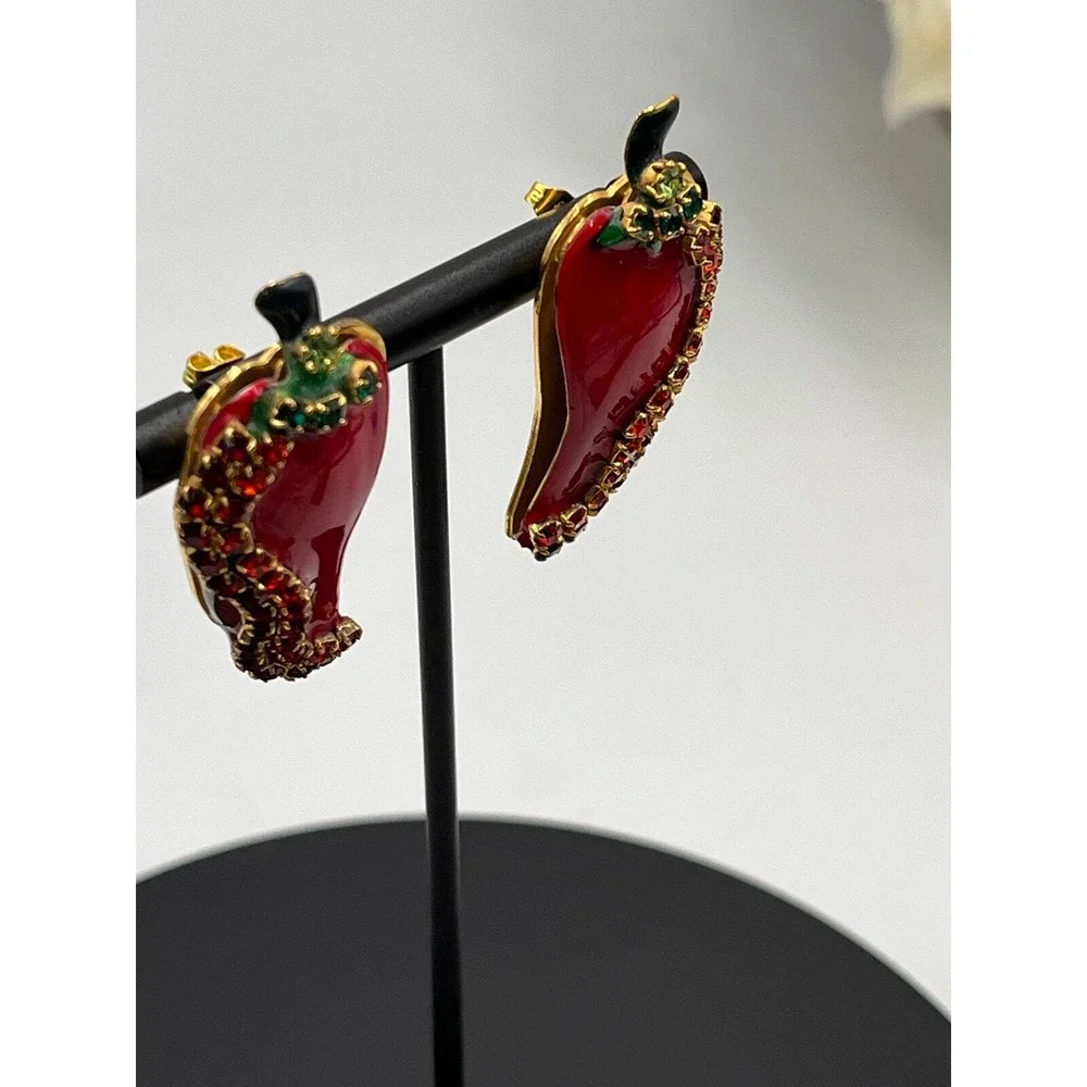 Lunch at the Ritz Vintage‎ Red Chili Pepper Enamel Rhinestone Pierced Earrings